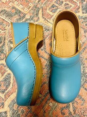 Sanita Teal Leather Clogs with Tan Wood-Tone Sole